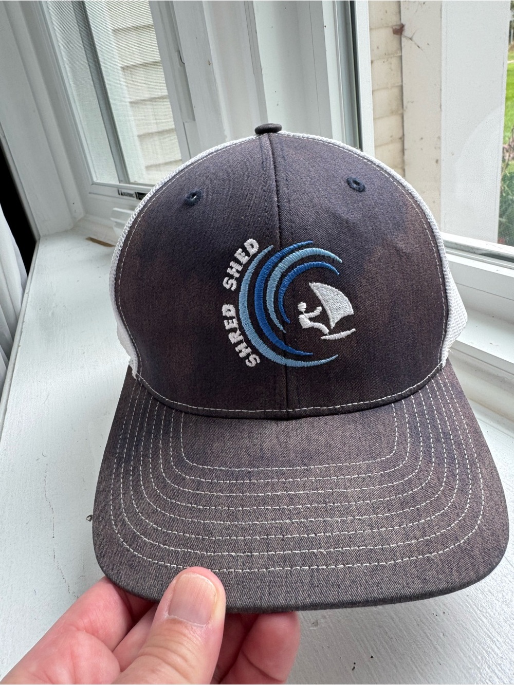 Men's Blue/Gray and White Trucker Hat-SHRED SHED